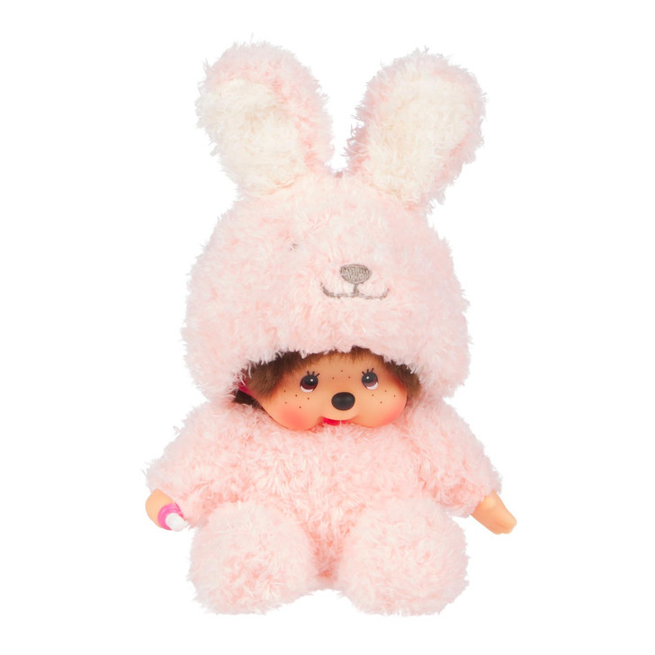 Pink Monchhichi bunny plush doll sitting pose, 7 inches tall, soft fluffy texture, authentic Sekiguchi collectible at Jellybeet