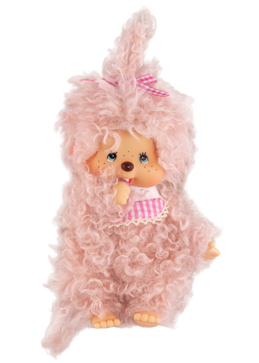 Fluffy pink beige Monchhichi plush toy with ultra-soft texture and kawaii design, official authentic product at Jellybeet