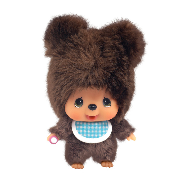 Monchhichi Friends Kuma brown bear plush keychain with soft texture and metal clasp attachment against white background at Jellybeet