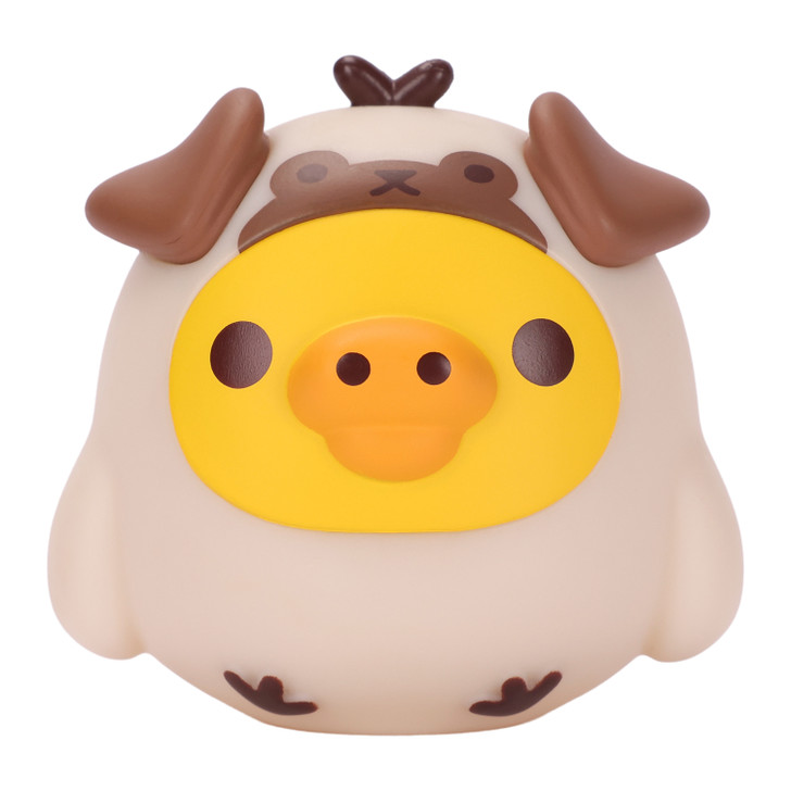 Rilakkuma Kiiroitori Pug figure collectible toy with kawaii pug features for desk decoration and gift giving at Jellybeet