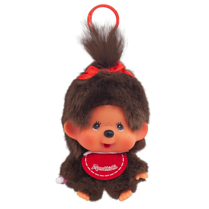 Monchhichi SS BH Girl KC plush keychain charm with soft brown fur and cute pink outfit hanging accessory at Jellybeet
