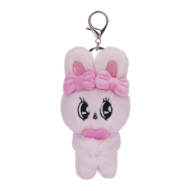 Esther Bunny plush keychain with pink ribbon detail, soft kawaii bunny charm for keys and bags at Jellybeet