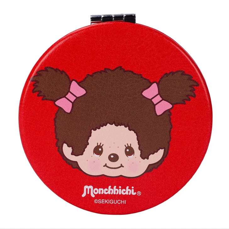 Monchhichi Girl Compact Mirror with cute kawaii character design, portable makeup accessory at Jellybeet