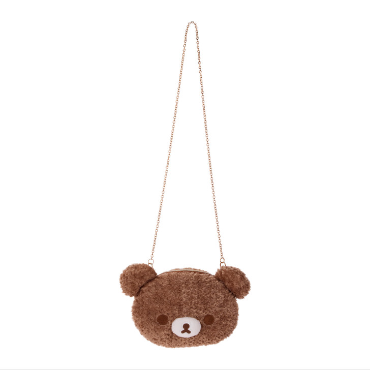 Rilakkuma Chairo face plush shoulder bag with soft brown fur texture and adjustable strap at Jellybeet