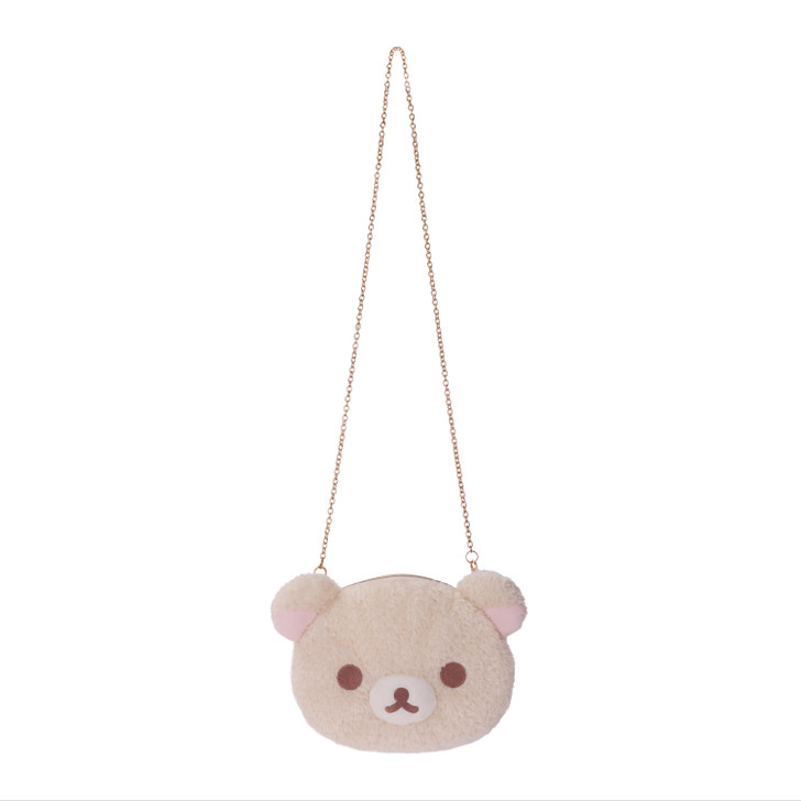 Korilakkuma white bear face plush shoulder bag with adjustable strap, soft texture, compact size for everyday use at Jellybeet