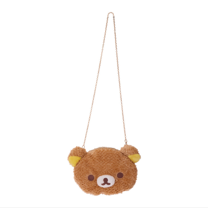 Rilakkuma Face Plush Shoulder Bag with soft texture and adjustable strap on white background at Jellybeet
