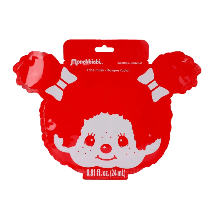 Monchhichi Red Clay Face Mask Sheet in packaging, single-use purifying sheet mask with soft breathable fabric at Jellybeet