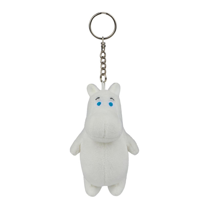 Moomin Moomintroll soft plush keychain with white body and black eyes, official merchandise from Moomin Valley series at Jellybeet