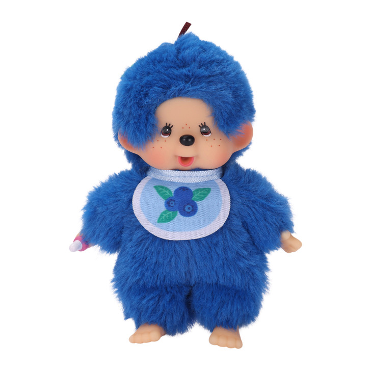 Monchhichi Blueberry Fruit Beanie Plush toy in purple costume with signature face and soft cuddle design at Jellybeet