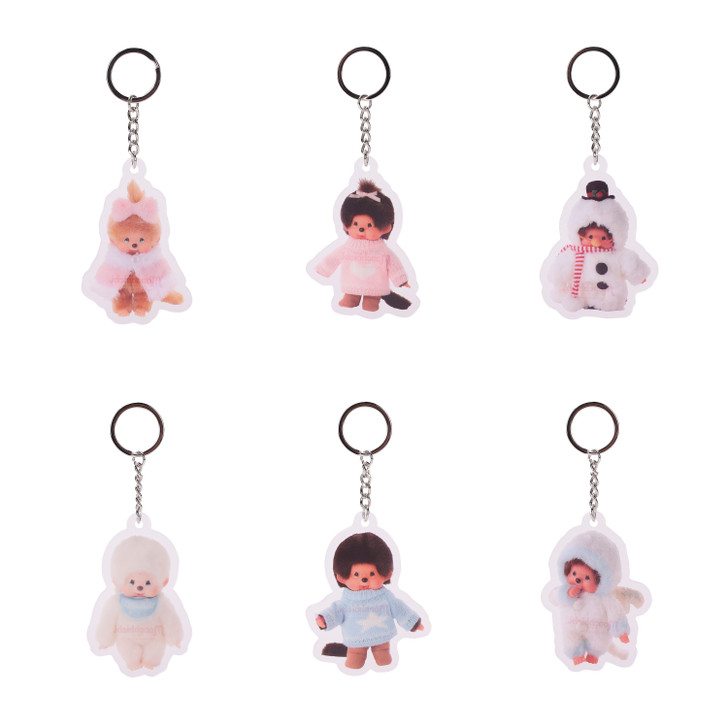 Monchhichi Winter Wonderland acrylic keychain blind box featuring cute characters in winter outfits at Jellybeet