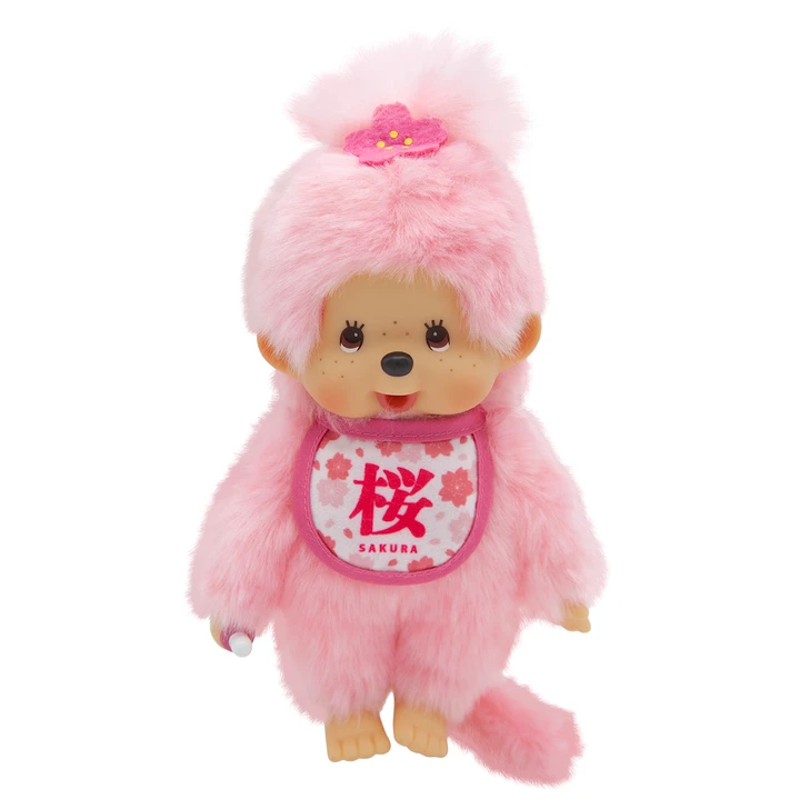 Monchhichi Sakura Girl Doll in pink cherry blossom outfit, 8 inch soft plush toy with brown fur and adorable face at Jellybeet