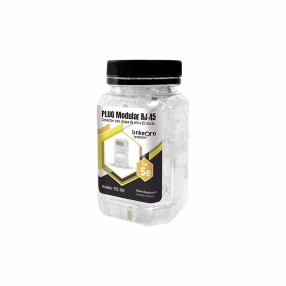 LINKEDPRO TC5-100 Bote con 100 Piezas de Plug Modular RJ45 Cat5e sin blindaje, chapado de oro a 30 micras para durabilidad extrema