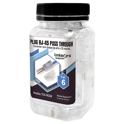 LinkedPro TC6-PASSR Bote con 50 Plugs Pass through RJ45 Cat6 sin blindaje, con alivio de tensión incluido, chapado de oro a 30 micras para durabilidad extrema.