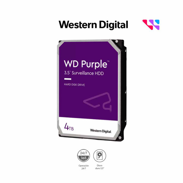 WESTERN DIGITAL WD43PURZ - Disco Duro de 4TB Purple/ Especial para Videovigilancia/ Trabajo 24/7/ Interface: Sata 6 Gb/s/ Hasta 64 Cámaras/ Hasta 16 Bahías de Discos Duros/ 180Mb/S. 