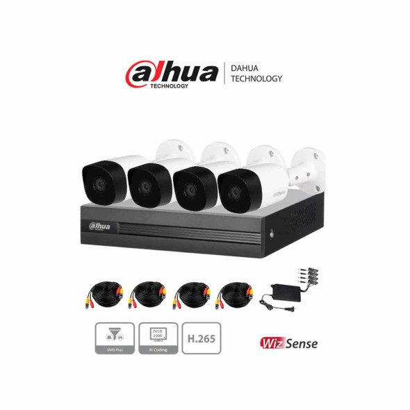 DAHUA KITXVR1B04H-I+4B2A51 -Kit de 4 Ch de 5 MP/ DVR Cooper-I WizSense/Con IA/ H.265+/4 Camaras B2A51 Metalicas/4 Ch + 1 IP o Hasta 5 Ch IP/ 4 Ch SMD Plus/Busqueda de Humanos y Vehiculos/Accesorios Incluidos