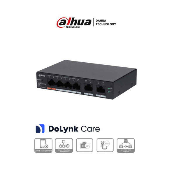 DAHUA CS4006-4GT-60 - Switch PoE de 6 Puertos Gigabit/ 4 Puertos PoE 10/100/1000/ 2 Puertos Uplink 10/100/1000/ 60 Watts Totales/ Administrable en la Nube por DoLynk Care/ PoE Hasta 250 Metros/ Carcasa Metalica/ Switching 12 Gbps