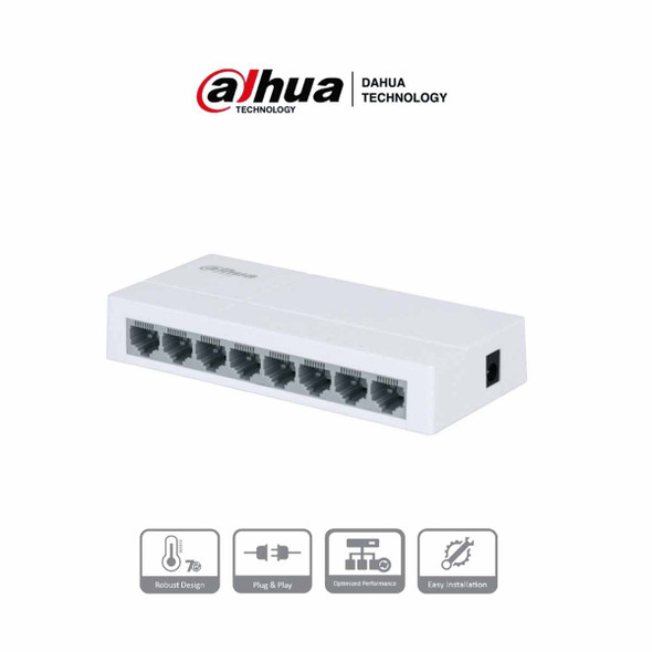 DAHUA PFS3008-8ET-L - Switch para Escritorio de 8 Puertos Fast Ethernet/ 10/100/ Diseño Compacto/ Capa 2/ switching 1.6 Gbps