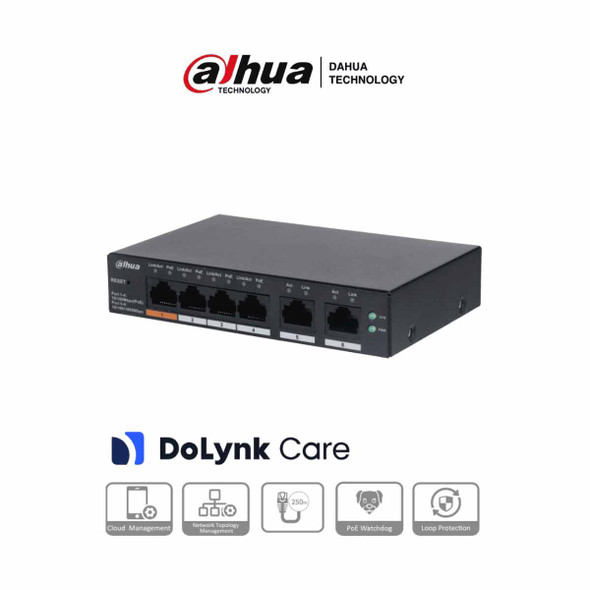 DAHUA CS4006-4ET-60 - Switch PoE de 6 Puertos Administrable/ 4 Puertos PoE 10/100/ 2 Puertos Uplink 10/100/1000/ 60 Watts Totales/ Administrable en la Nube/ PoE Hasta 250 Metros/ Carcasa Metalica/ Switching 4.8 Gbps.