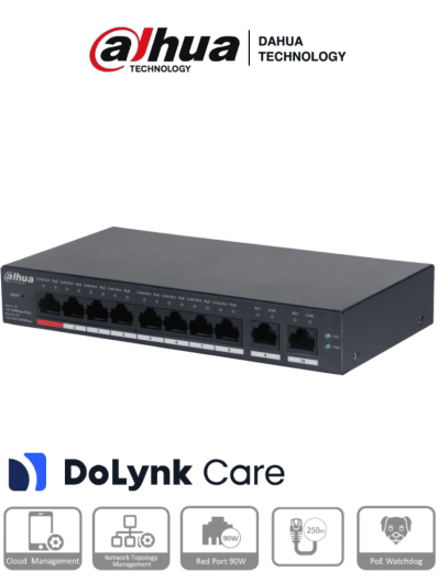 DAHUA CS4010-8ET-110 - Switch Poe de 10 Puertos/ 8 Puertos PoE 10/100/ 2 Puertos Uplink 10/100/1000/ 110 Watts Totales/ Administrable en la Nube por DoLynk Care/ PoE 250 Metros/ Carcasa Metalica/ Switching 5.6 Gbps.