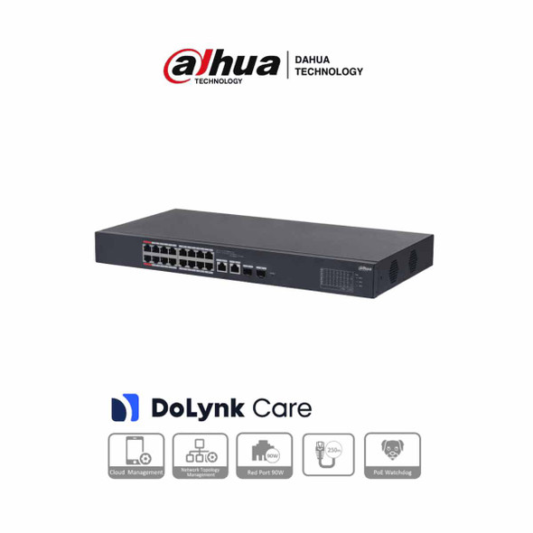 DAHUA CS4218-16ET-135 - Switch PoE de 18 Puertos/ 16 Puertos Poe 10/100/ 2 Puertos Uplink 10/100/1000 + 2 Puertos SFP/ 135 Watts Totales/ Administrable en la Nube por DoLynk Care/ PoE Hasta 250 Metros/ Carcasa Metalica.