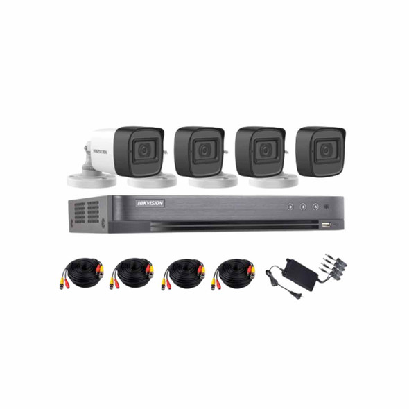 HIKVISION HIK5MPSLQ-KIT(B) (MICRÓFONO INTEGRADO) KIT TURBOHD 5 Megapixel / DVR 4 Canales / 4 Cámaras Bala con Micrófono Integrado (exterior 2.8 mm) / Fuente de Poder / Accesorios de Instalación.Soporte de audio por Coaxitron en todos los canales.