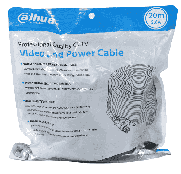DAHUA DH-PFM942I-20-5-Cable armado de 20 metros para video y energía, compatible con cámaras hasta 4K. Incluye conectores BNC y de energía, ideal para uso interior y exterior. Fabricado con cobre de alta pureza, soporta AHD, CVI, TVI, y CVBS 