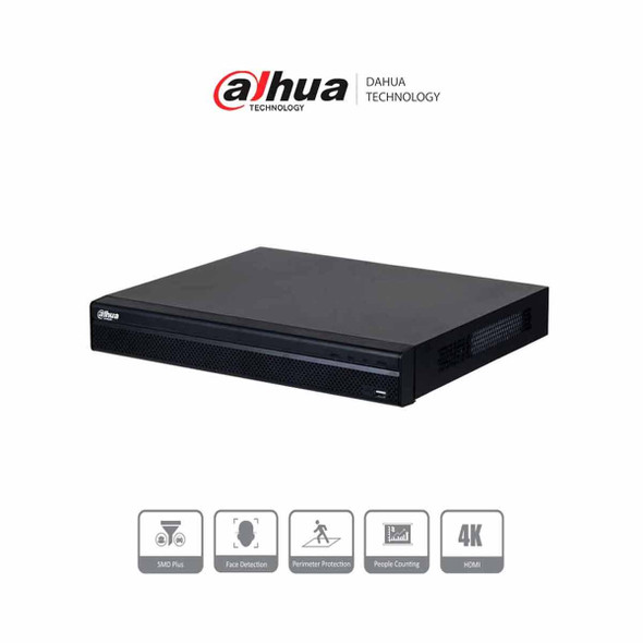 DAHUA DHI-NVR4232-16P-4KS3 NVR de 8 MP / 4k / 32 Canales IP / 16 Puertos PoE / Rendimiento de 160 Mbps/ Smart H.265+/ 2 Bahías de disco duro/ 4&2 E&S de Alarma/ Soporta cámaras WizSense/ 2 canales SMD Plus.