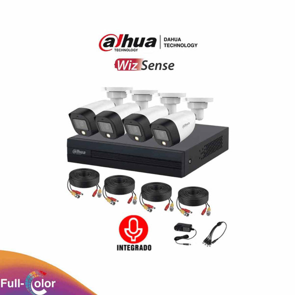 DAHUA FULLCOLORKIT-A - Kit de 4 Canales Full Color 2 MP con Audio y DVR Cooper-I WizSense. Incluye 4 cámaras Full Color 2 MP con micrófono integrado. Sistema de 4 canales más 1 IP y 4 SMD Plus. Incluye accesorios y búsqueda de humanos con IA.