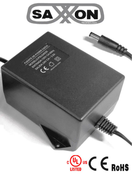 SAXXON PSU24025 - Fuente de Poder de 24 Vca a 2.5 Amperes/ Cable de 2.5 Metros/ Entrada 110 Vca/ Protección contra Sobre Cargas