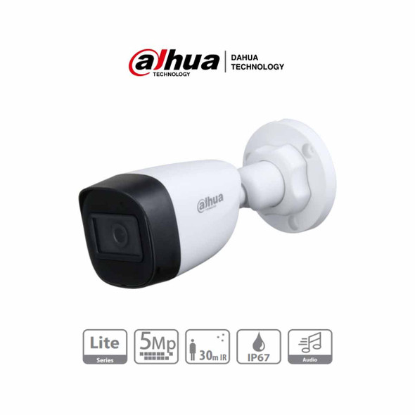 DAHUA HAC-HFW1500CN-A - Camara Bullet de 5 Megapixeles/ Microfono Integrado/ Lente de 2.8mm/ 111 Grados de Apertura/ IR de 30 Mts/ Starlight/ IP67/ CVI/CVBS/AHD/TVI/
