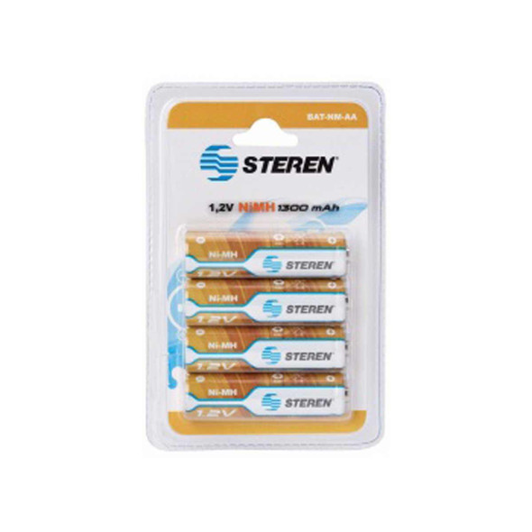 Steren Pilas Recargables AA, 1.2V, 4 pilas o baterías recargables “AA” son de 1.2 Volts y 1300 mAh, su composición química es de Níquel-Metal (NiMH), por lo que no sufren el llamado “efecto memoria”.