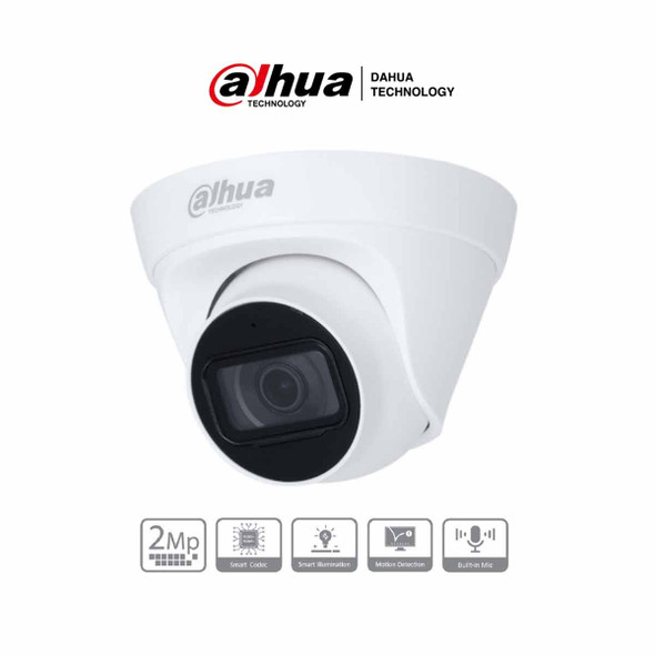 DAHUA IPC-HDW1230T1-A-S5-Cámara IP Domo 2MP con lente de 2.8 mm, ángulo de visión de 102 grados, micrófono integrado, IR de 30m, IP67, PoE, DWDR.