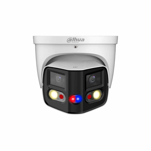 DAHUA IPC-PDW3849-A180-AS-PV Cámara IP WizSense Eyeball con multivisión en dos sensores de 4MP, ofreciendo un ángulo de 180°. Con IR de 25 m, LED de 20 m, disuasión activa, ePTZ, micrófono, altavoz, y protección IP67