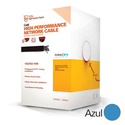 Bobina de cable de 305 metros Cat6+, CM, CALIBRE 23 ALTO RENDIMIENTO, ETL,UL, color azul, super flexible, para aplicaciones de video vigilancia, video HD, y redes de datos. Uso interior. 