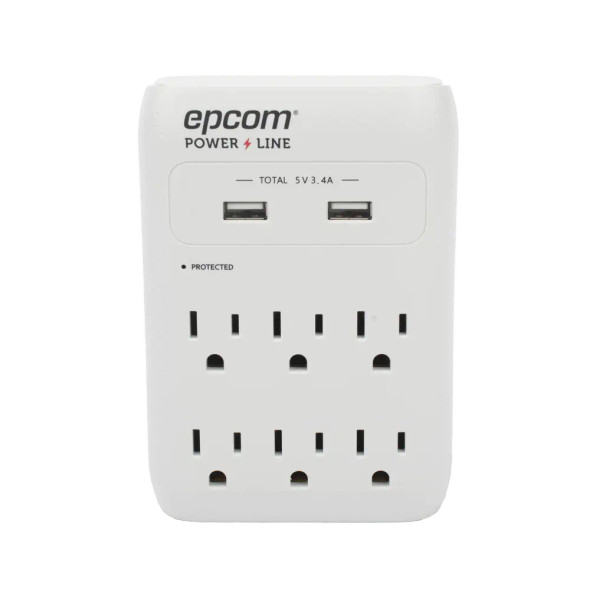 EPCOM EPLSPWUSB Multicontacto de Pared 110 Vca/ Supresor de Picos 1080 Joules/ 6 x Nema 5-15P/ 2 x USB (5V a 3.4A), Capacidad máxima de 1800W en 120 VCA.