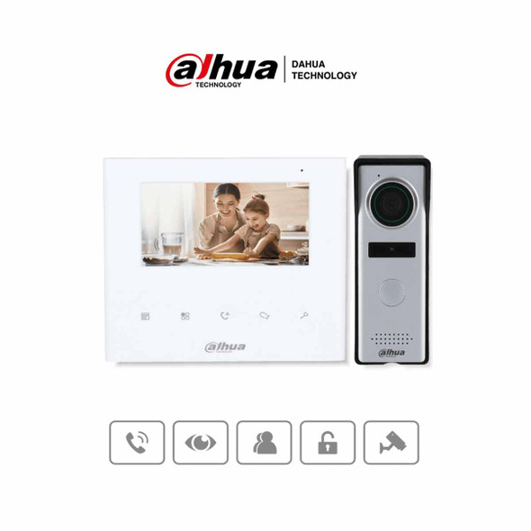 DAHUA DHI-KTA04 - Kit de videoportero analógico con monitor de 4.3" y botones táctiles. Incluye frente de calle con cámara de 1.3 MP, múltiples tonos de timbre personalizables, y función de apertura de puerta para mayor seguridad y comodidad