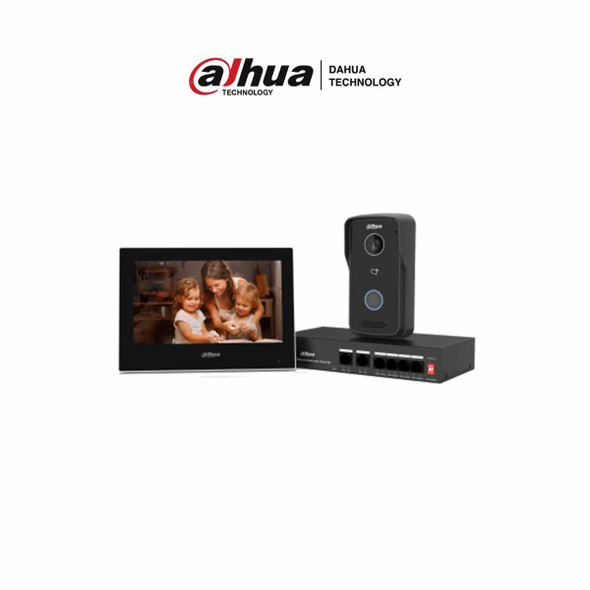 DAHUA KTP03-V2 - Kit de Videoportero: Monitor de 7", frente de calle IP65 con visión IR, apertura remota, y control de 1 puerta. Incluye switch PoE de 4 puertos 10/100 y 2 puertos uplink. 