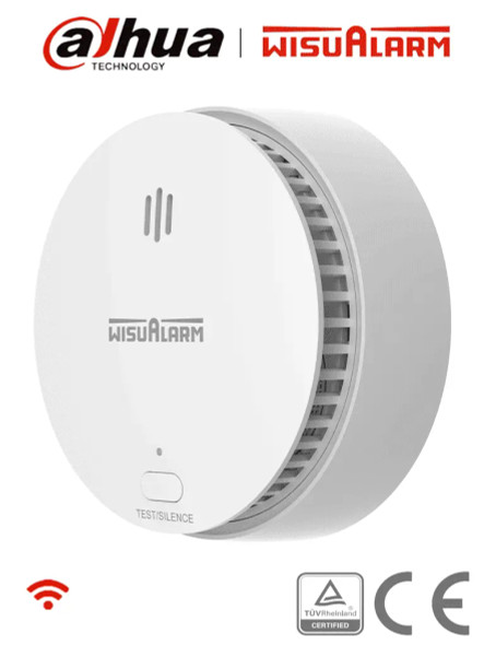 DAHUA WISUALARM HY-SA2FA - Detector Inteligente de Humo WiFi 2.4 Ghz, Sensor Fotoeléctrico, Sonido de Alarma de 85dB, Alarma Visual y Audible, Envía Notificaciones en Tiempo Real a APP, Certificaciones TÜV and CE