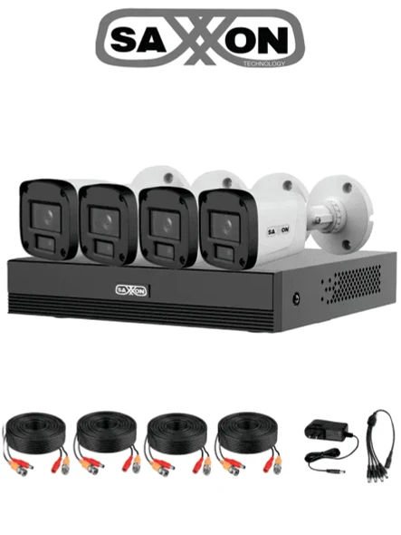SAXXON SUA-KIT/XVR1E04-I/4-B20P-0280B - Kit 4 Canales HDCVI 1080P/ 4 Cámaras B20P 2.8mm Apertura Hasta 100°/ Grabador Soporta Hasta 5 Canales IP y Detección de Movimiento Inteligente/ Policarbonato