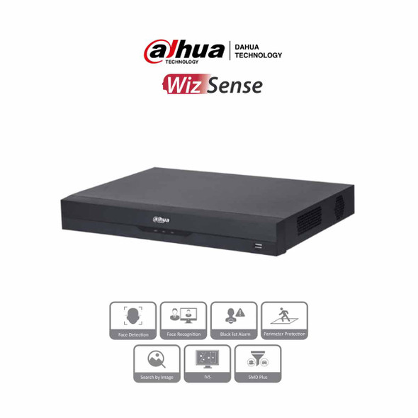 DAHUA NVR2216-16P-I2 - NVR de 8 Megapixeles /16 Canales IP/ WizSense/ 4k Con IA/ 16 Puertos PoE/ 2 Bahías de Discos Duros / 1 Ch de Reconocimiento Facial y FD/ 10 Bases de Datos de Rostros/ H.265+/ SMD Plus/ Soporta Camaras con IA