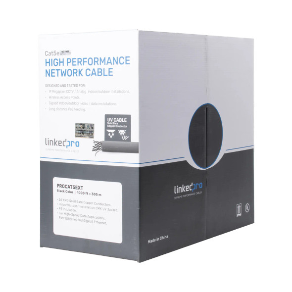 LINKEDPRO PRO-CAT-5-EXT Bobina de cable de 305 m, Cat5e , FTP, blindado, color negro, UL, para aplicaciones en video vigilancia, redes de datos. Uso en Intemperie