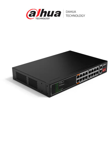 DAHUA SF1018LP - Switch PoE de 18 Puertos/ 135 Watts Totales/ 16 Puertos PoE 10/100/ 2 Puertos Uplink 10/100/1000/ Switching 7.2 Gbps/ Compatible con Standares:IEEE802.3af; IEEE802.3at; Hi-PoE/ PoE Hasta 250 Metros