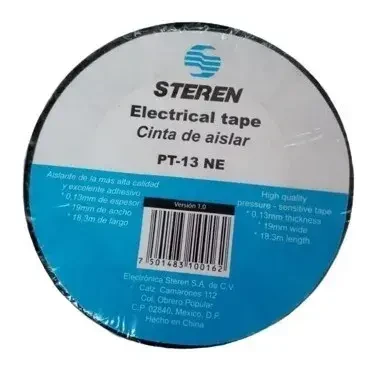 STEREN PT-13NE CINTA DE AISLAR DE PVC COLOR NEGRO,ideal para instalaciones eléctricas por su gran elasticidad y adhesivo de alta calidad, resistente a temperaturas altas y humedad. Mide 18,3 m de largo.
