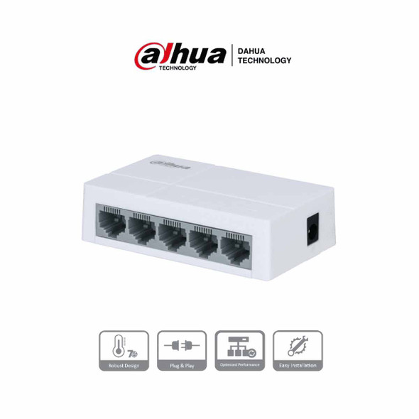 DAHUA PFS3005-5GT - Switch Gigabit de 5 Puertos No Administrable/ Capa 2/ 10/100/1000 Base-T/ Carcasa Metalica/ Switching 10G/ Tasa de Reenvio de Paquetes 7.44 Mbps