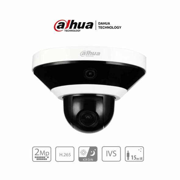 DAHUA PSDW5231SN-B120 - Cámara IP Panorámica Resolución de 2 MP + PTZ de 2 MP de 4x/ Lente 2 mm/ ∢ 136°/ IR 15 mts/ IA WizMind/ PoE/ DWDR/ H.265/ E&S Alarma/ E&S Audio