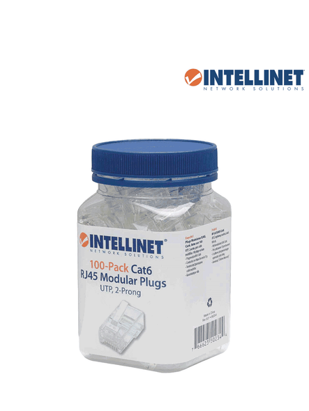 INTELLINET 502344 PLUG RJ45 CAT6 BOTE 100 PZAS, Este Plug RJ45 de 8 contactos, te sirve para armar cables multifilares y realizar instalaciones o renovaciones de redes de computadoras o conectar cables de red a rosetas, ruteadores, módems.