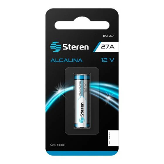 STEREN BAT-27A PILA CILINDRO 12V,Pila o batería alcalina tipo cilindro, de 12 Volts, capacidad nominal de 20 mAh (mili Amperes hora), diámetro 7,7 mm. Se usa principalmente en controles remotos y encendedores.