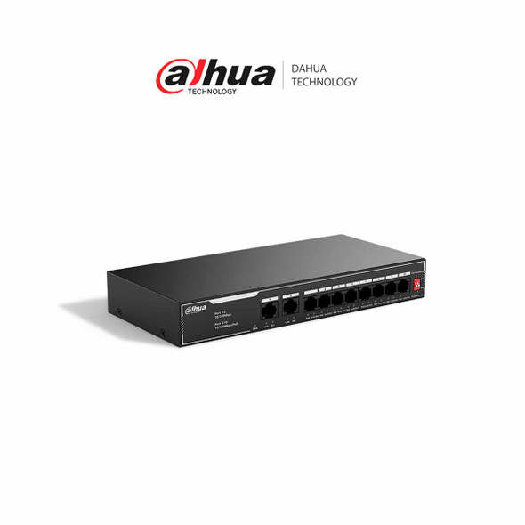 DAHUA SF1010LP - Switch PoE de 10 Puertos Fast Ethernet/ 8 Puertos PoE 10/100 / 65 Watts Totales / 2 Puertos Uplink RJ-45/ PoE watchdog/ Hasta 250 metros/ Switching 12 Gbps/ Protección Contra Descargas