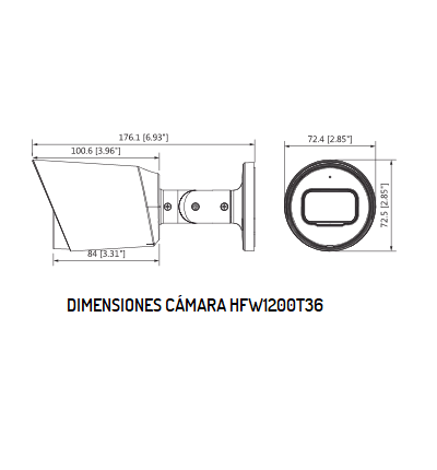 DAHUA HAC-HFW1200T-36- Camara Bullet de 2 Megapixeles/ Lente Fijo de 3.6mm/ 83 Grados de Apertura/ Smart IR 30 Metros/ IP67/ Metalica/ BLC/ HLC/ DWDR/ TVI AHD y CBVS.
