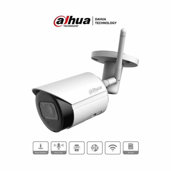 DAHUA IPC-HFW1430DS-SAW - Camara IP Bullet Wifi de 4 Megapixeles/ Lente de 2.8mm/ 90 Grados de Apertura/ H.265+/ IR de 30 Metros/ Microfono Integrado